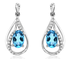 .95CT DIAMOND & AAA BLUE TOPAZ 14KT WHITE GOLD OVAL TEAR DROP HANGING EARRINGS