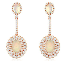 8.20CT DIAMOND & AAA OPAL 14KT ROSE GOLD 3D OVAL & ROUND FLOWER HANGING EARRINGS