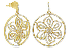 ESTATE 1.25CT DIAMOND 14KT YELLOW GOLD 3D FLOWER CIRCULAR FUN HANGING EARRINGS