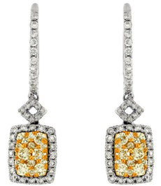 .91CT WHITE & FANCY YELLOW DIAMOND 14KT WHITE GOLD 3D CLUSTER HANGING EARRINGS