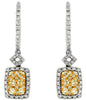 .91CT WHITE & FANCY YELLOW DIAMOND 14KT WHITE GOLD 3D CLUSTER HANGING EARRINGS