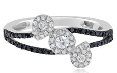 .40CT WHITE & BLACK DIAMOND 14KT WHITE GOLD 3D DOUBLE TEAR DROP FLOWER LOVE RING