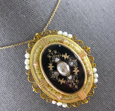 ANTIQUE LARGE DIAMOND & AAA SOUTH SEA PEARL 18K YELLOW GOLD BROOCH PENDANT 28156