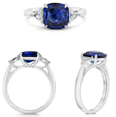 3.41CT DIAMOND & AAA SAPPHIRE PLATINUM CUSHION & TRILLION 3 STONE CLASSIC RING