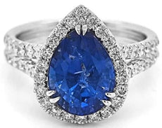 LARGE 5.37CT DIAMOND & AAA SAPPHIRE 18KT WHITE GOLD PEAR SHAPE & ROUND HALO RING