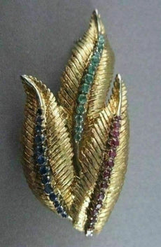 ANTIQUE LARGE 3.50CT AAA SAPPHIRE RUBY & EMERALD LEAF 18KT Y GOLD BROOCH #1883