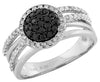 ESTATE .62CT WHITE & BLACK DIAMOND 14KT WHITE GOLD 3D ROUND CLUSTER FLOWER RING