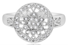 ESTATE .15CT DIAMOND 14KT WHITE GOLD 3D OPEN FILIGREE FLOWER CIRCULAR FUN RING