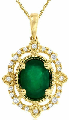 1.22CT DIAMOND & AAA EMERALD 14KT YELLOW GOLD 3D OVAL & ROUND FILIGREE PENDANT