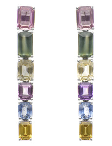 15.66CT AAA MULTI COLOR SAPPHIRE 18KT WHITE GOLD 3D EMERALD CUT HANGING EARRINGS
