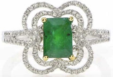 1.54CT DIAMOND & AAA EMERALD 18KT 2 TONE GOLD 3D EMERALD CUT & ROUND FLORAL RING