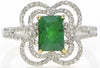 1.54CT DIAMOND & AAA EMERALD 18KT 2 TONE GOLD 3D EMERALD CUT & ROUND FLORAL RING