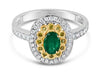 .86CT WHITE & GREEN DIAMOND & AAA EMERALD 18KT 2 TONE GOLD OVAL HALO FLORAL RING