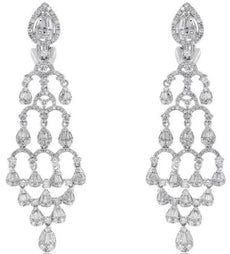 LARGE 2.96CT DIAMOND 18K WHITE GOLD BAGUETTE CLUSTER CHANDELIER HANGING EARRINGS