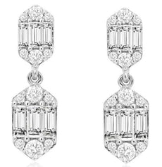 .39CT DIAMOND 14KT WHITE GOLD ROUND & BAGUETTE CLUSTER HEXAGON HANGING EARRINGS