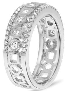 .65CT DIAMOND 14K WHITE GOLD ROUND & PRINCESS FILIGREE ETERNITY ANNIVERSARY RING