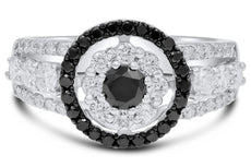 1.59CT WHITE & BLACK DIAMOND 14KT WHITE GOLD FLOWER ENGAGEMENT FRIENDSHIP RING