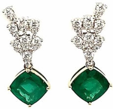 LARGE 11.50CT DIAMOND & AAA EMERALD 18KT 2 TONE GOLD 3D CUSHION & ROUND EARRINGS
