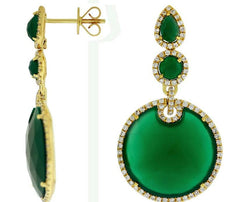 ESTATE .88CT DIAMOND & AAA GREEN AGATE 14K YELLOW GOLD CIRCULAR HANGING EARRINGS