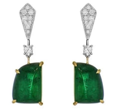 LARGE 14.21CT DIAMOND & AAA EMERALD 18KT 2 TONE GOLD MOON SHAPE & ROUND EARRINGS