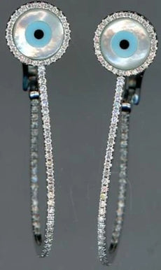 LARGE 0.75CT DIAMOND & AAA MOTHER OF PEARL 14K WHITE GOLD EVIL EYE OVAL EARRINGS