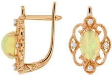 1.08CT DIAMOND & AAA OPAL 14K ROSE GOLD FILIGREE MILGRAIN HEART HANGING EARRINGS