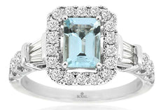 1.75CT DIAMOND & AAA AQUAMARINE 14KT WHITE GOLD 3D SQUARE HALO ENGAGEMENT RING