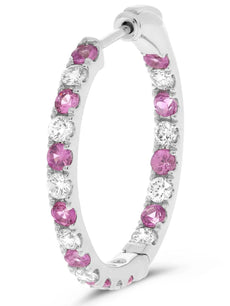 1.66CT DIAMOND AAA PINK SAPPHIRE 14K WHITE GOLD INSIDE OUT HOOP HANGING EARRINGS