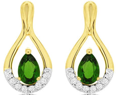 1.02CT DIAMOND & AAA RUSSALITE 14KT YELLOW GOLD 3D PEAR SHAPE & ROUND EARRINGS