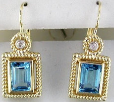 2.43CT DIAMOND & AAA BLUE TOPAZ 14KT YELLOW GOLD 3D EMERALD CUT & ROUND EARRINGS