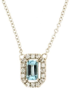 .34CT DIAMOND & AAA AQUAMARINE 14KT WHITE GOLD EMERALD CUT & ROUND HALO NECKLACE
