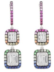 1.49CT DIAMOND & AAA MULTI COLOR SAPPHIRE 14KT WHITE GOLD DOUBLE SQUARE EARRINGS