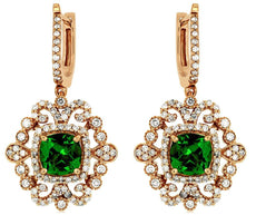 2.8CT DIAMOND & AAA GREEN GARNET 14KT ROSE GOLD CUSHION & ROUND HANGING EARRINGS