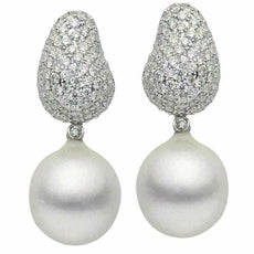 ESTATE LARGE 2.5CT DIAMOND & AAA SOUTH SEA PEARL 18K WHITE GOLD CLUSTER EARRINGS