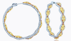 13CT WHITE & FANCY YELLOW DIAMOND 18K 2 TONE GOLD INFINITY HOOP HANGING EARRINGS