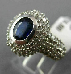 ESTATE WIDE 2.50CT DIAMOND & SAPPHIRE 14KT WHITE GOLD BEZEL HALO ENGAGEMENT RING