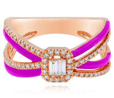 .30CT DIAMOND & PINK ENAMEL 14K ROSE GOLD ROUND & BAGUETTE CRISS CROSS LOVE RING
