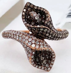 1.9CT WHITE & CHOCOLATE FANCY DIAMOND 14KT ROSE GOLD 3D DOUBLE TULIP LOVE RING