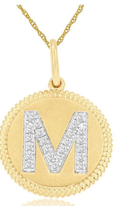 .12CT DIAMOND 14K 2 TONE GOLD M INITIAL ROUND MATTE & SHINY FUN FLOATING PENDANT
