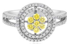 .65CT WHITE & FANCY YELLOW DIAMOND 14KT WHITE GOLD FLOWER DOUBLE HALO LOVE RING