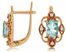 1.43CT DIAMOND & AAA AQUAMARINE 14KT ROSE GOLD 3D OVAL FILIGREE HANGING EARRINGS