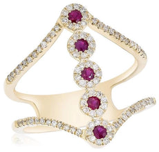 ESTATE .46CT DIAMOND & AAA RUBY 14K YELLOW GOLD 3D MULTI FLOWER V SHAPE FUN RING