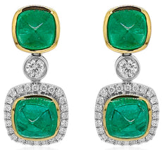 LARGE 10.47CT DIAMOND & AAA EMERALD 18KT 2 TONE GOLD SQUARE & ROUND FUN EARRINGS