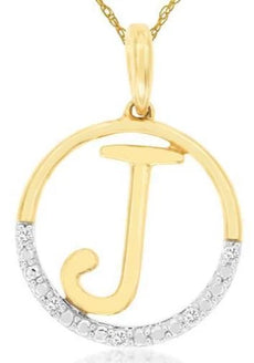 .02CT DIAMOND 14KT 2 TONE GOLD CLASSIC J INITIAL CIRCULAR FUN FLOATING PENDANT