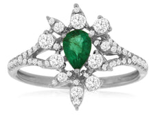 .83CT DIAMOND & AAA EMERALD 14KT WHITE GOLD PEAR SHAPE CLUSTER FLOWER FUN RING