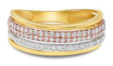 WIDE .46CT DIAMOND 14KT TRI COLOR GOLD 3 ROW GRADUATING WEDDING ANNIVERSARY RING