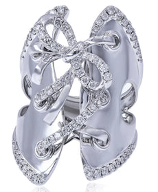 EXTRA LARGE .81CT DIAMOND 14KT WHITE GOLD DOUBLE KNOT CRISS CROSS BOW SHAPE RING