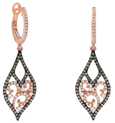 .88CT WHITE & CHOCOLATE FANCY DIAMOND 14KT ROSE GOLD TEAR DROP HANGING EARRINGS