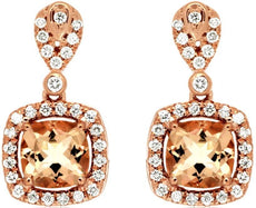 2.12CT DIAMOND & AAA MORGANITE 14KT ROSE GOLD 3D CUSHION & ROUND SQUARE EARRINGS