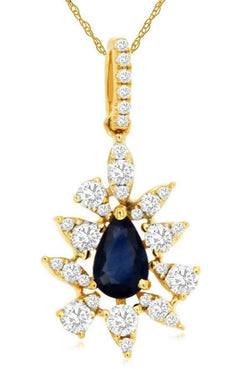 .88CT DIAMOND & AAA SAPPHIRE 14KT YELLOW GOLD PEAR SHAPE FLOWER FLOATING PENDANT